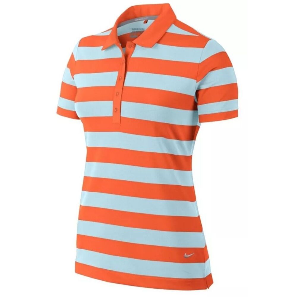 Nike Golf‎ Women Tour Performance Dri Fit Polo Orange Teal Stripes Size Med